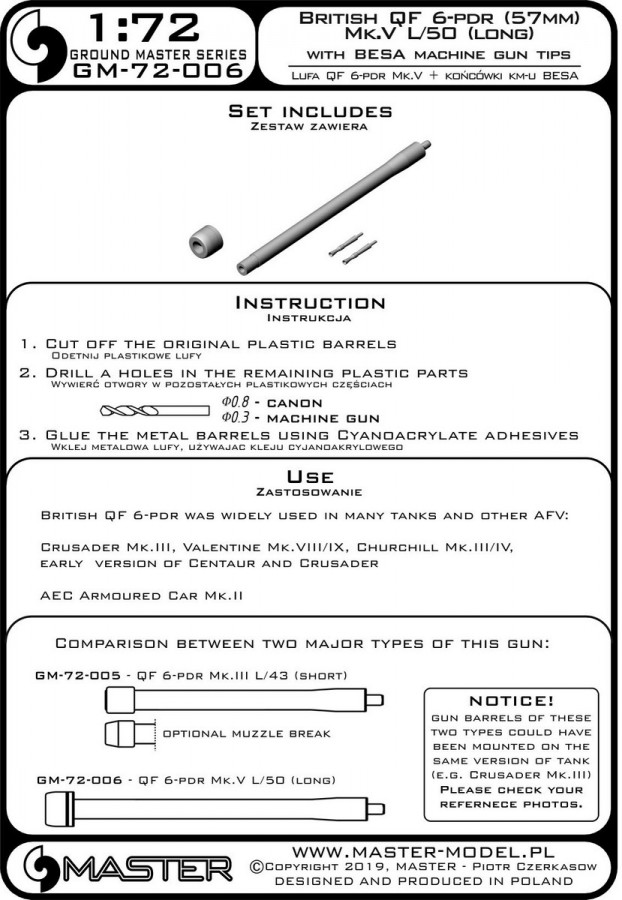 GM-72-006 British QF 6-pdr (57 мм) - версия Mk.VL / 50 (длинная) + наконечники Besa MG - для Crusader Mk.III, Churchill Mk.III / IV, Valentine Mk.VIII / IX