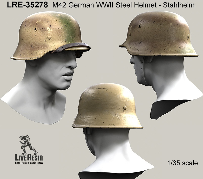 LRE35278 Стальной немецкий шлем периода Второй Мировой войны M42 - Stahlhelm 42. Классический вариант с ремешком на подбородке и с ремешком на козырьке. Реплика настоящего шлема.