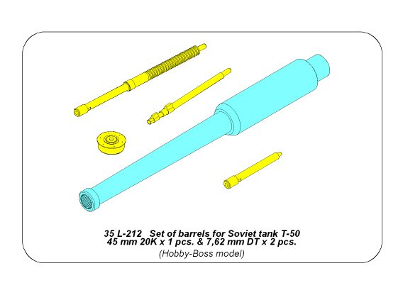 ABR-35-L-212  Дополнения для  Set of barrels for Soviet tank T-50 45 mm 20K x 1 pcs.; 7,62 mm DT x 2 pcs. для Hobby-Boss model 1/35