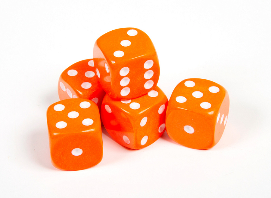1233 Набор из 5 кубиков D6, 16мм. Оранжевый с белыми точками в блистере