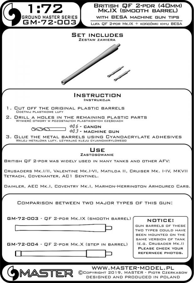 GM-72-003 Британский QF 2-pdr (40 мм) - версия Mk.IX (гладкий ствол) + наконечники Besa MG - для Crusader Mk.I / II, Early Valentine, Matilda II и других ББМ